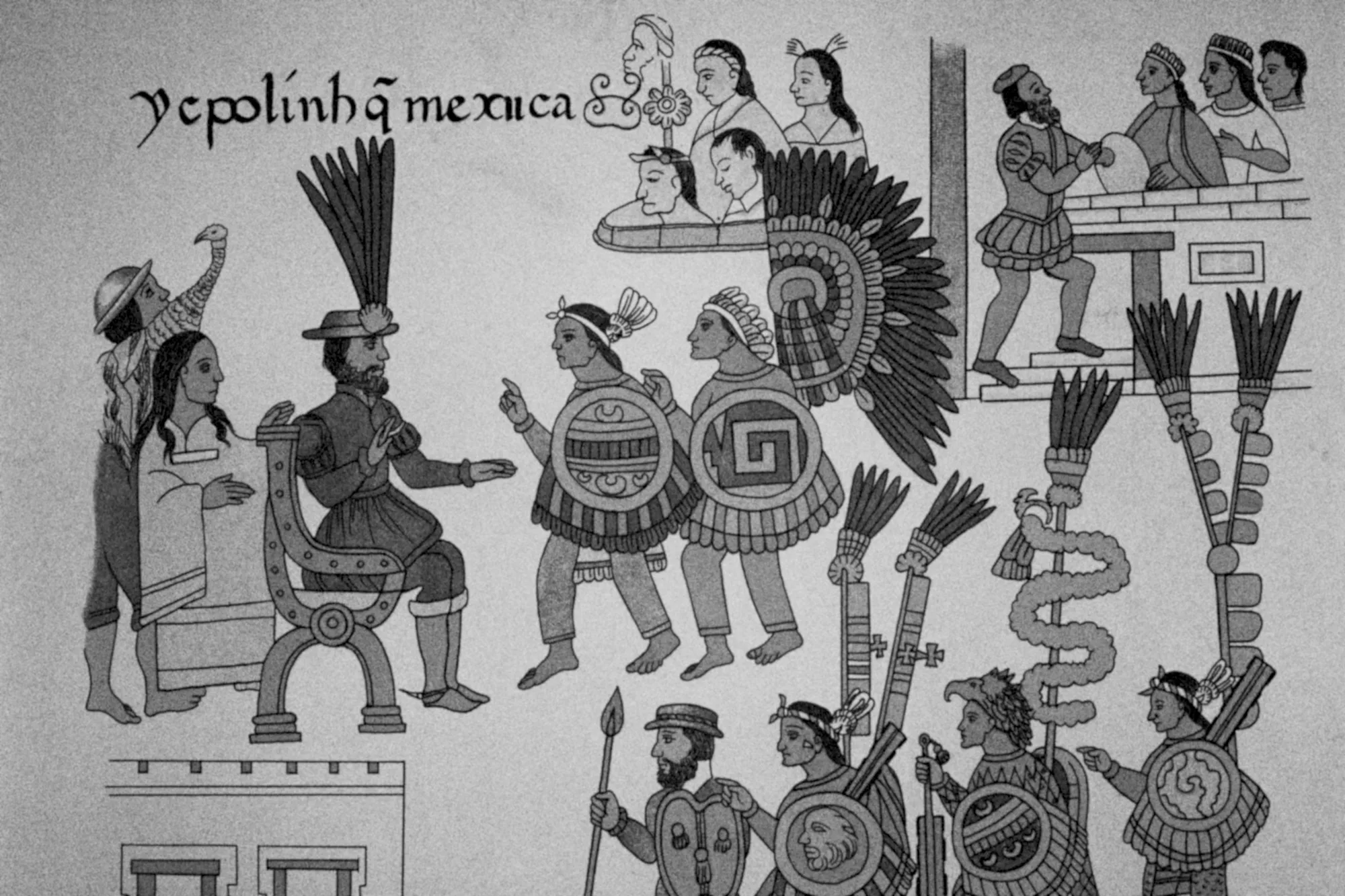 Plate from the Lienzo de Tlaxcala showing Cortés and La Malinche seated, receiving Mexica emissaries carrying feathered shields and standards.