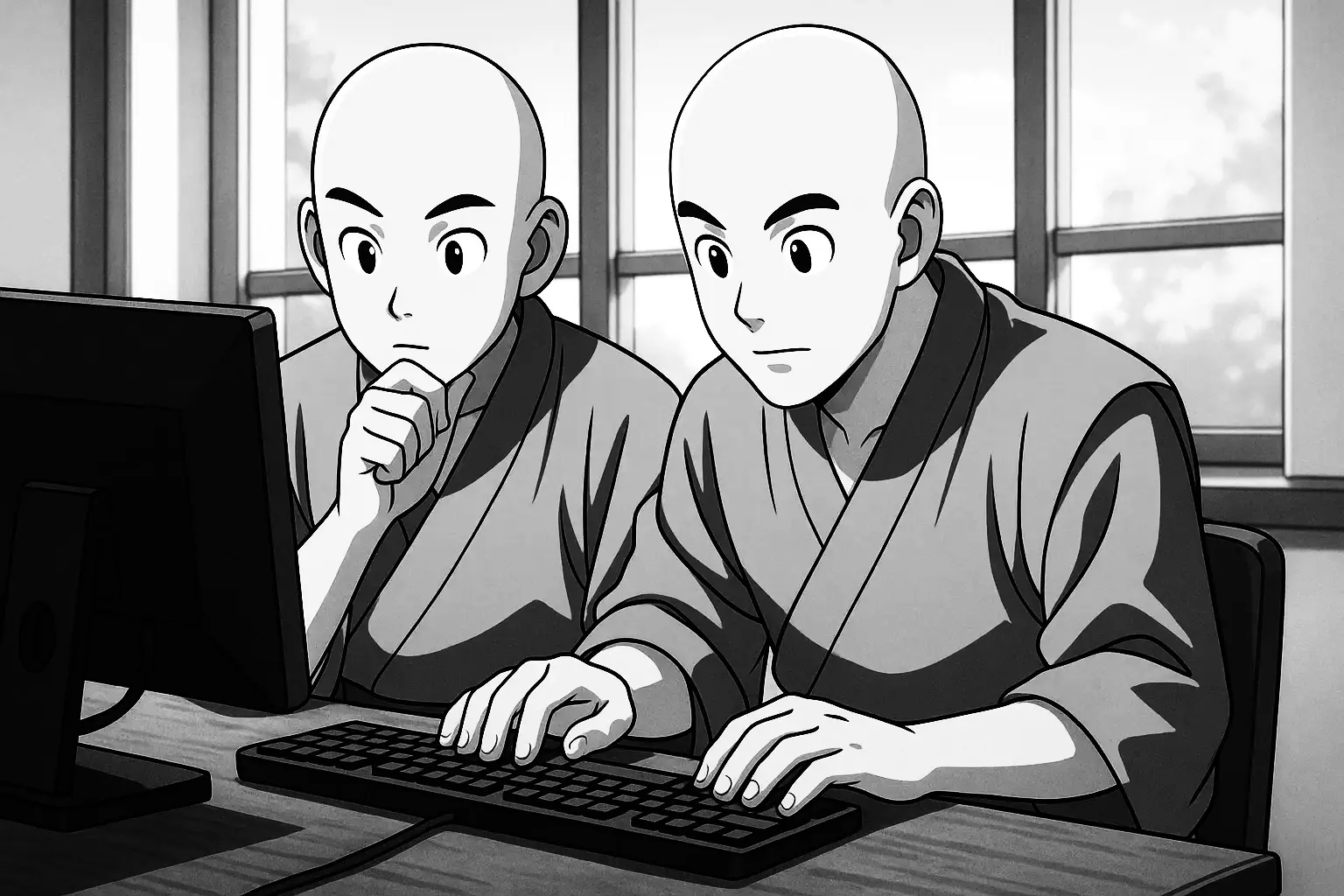 two Buddhist monks pair programming